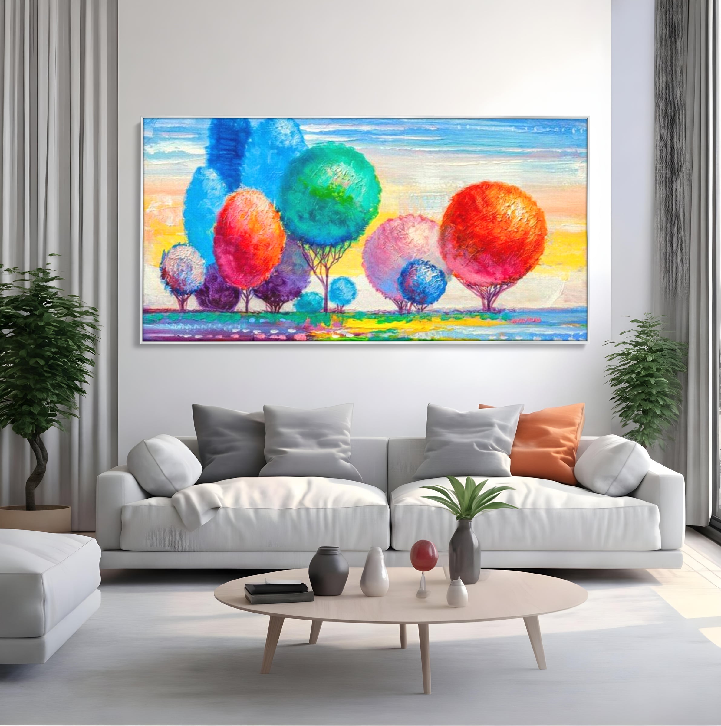 Tablou canvas cu tablou pictura cu copaci cu coroane rotunde sferice, in rama de aluminiu argintiu, pe perete intr-un living